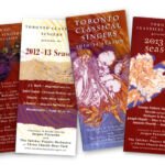 Over the span of a few years, I've been doing yearly artwork for the promotion of this wonderful group of about 100 singers, conducted by Jurgen Petrenko which presents three concerts a year with soloists and with the Talisker Players orchestra accompanying them. Graphic elements from these brochures were also used for e-flyers and magazine ads.