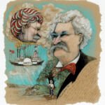 Mark Twain, mixed media Illustration in pen and ink, gouache, coloured pencil with collage elements