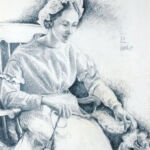 Pencil drawing. This is another of the Bradley House series of illustrations. This one portrays a common activity in the pioneer homestead: Spooling yarn for knitting