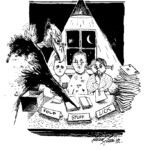 A black and white illustration for Home Office magazine showing a tongue in cheek image of a home office owner putting his children to work for the business. Where are the child welfare workers when you need them....?