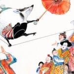 An illustration for a Japanese children's tale about a magical badger that was so grateful to a humble tinker (itinerant pot salesman) that had freed it from a trap that it changed itself into a performing teapot. The teapot entertained audiences and earned money for the tinker so that he could retire from having to sell pots for a living. After it had completed it's task for the grateful tinker the magical creature went to live in a monastery. The illustration shows the teapot at the height of it's performance.