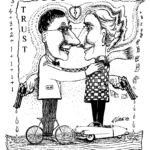 black and white magazine illustration - pen and ink plus collage